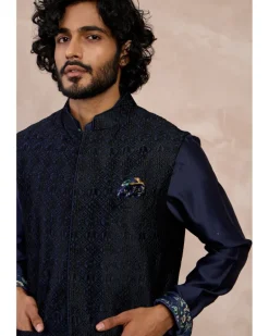 Navy Plain Chanderi Silk Kurta Shirt Set