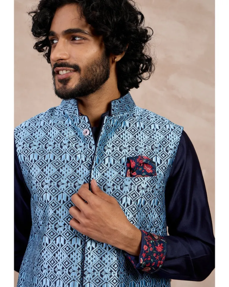 Navy Plain Chanderi Silk Straight Kurta Set