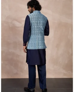 Navy Plain Chanderi Silk Straight Kurta Set