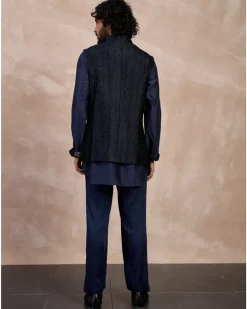 Navy Plain Chanderi Silk Kurta Shirt Set