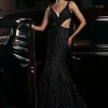 Navy Side Cut Sequin Gown