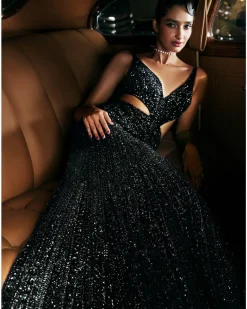Navy Side Cut Sequin Gown