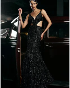 Navy Side Cut Sequin Gown