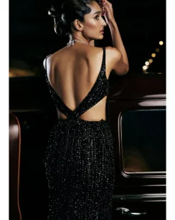 Navy Side Cut Sequin Gown
