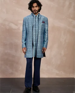 Navy Teal Maze Open Bandhgala Set