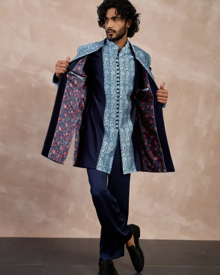 Navy Teal Maze Open Bandhgala Set