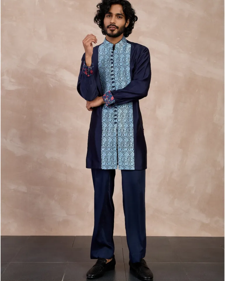Navy Teal Maze Open Bandhgala Set
