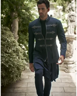 Navy Textured & Embroidered Bandhgala Set