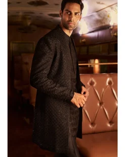 Navy Thread Work Open Sherwani Set