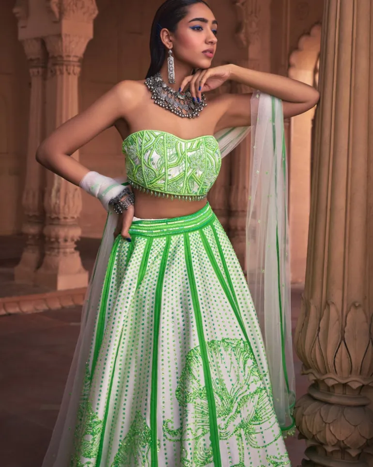 Neon Big Floral Print and Embroidered Lehenga Set