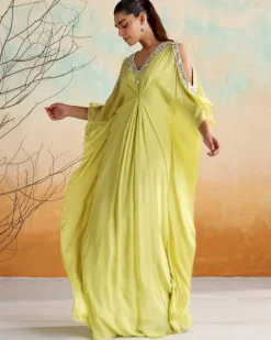 Neon Green Embellished Draped Kaftan