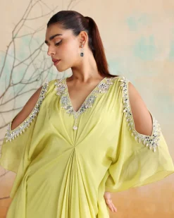 Neon Green Embellished Draped Kaftan