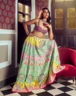 Neon Traditional Floral Print Embroidered Lehenga Set
