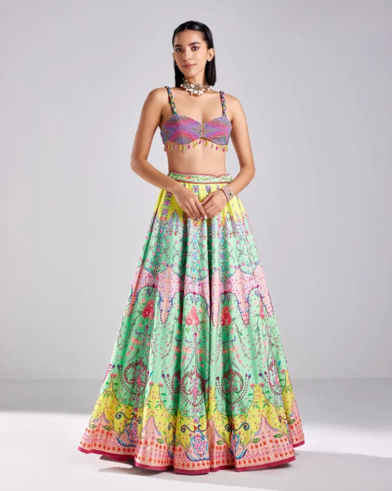 Neon Traditional Floral Print Embroidered Lehenga Set