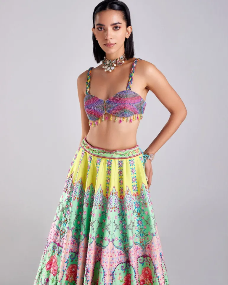 Neon Traditional Floral Print Embroidered Lehenga Set