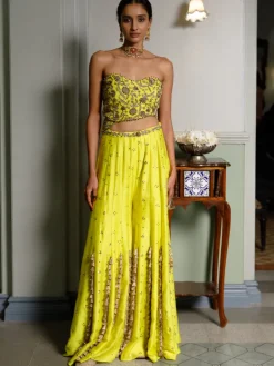 Nissa Lime Yellow Embroidered Choli With Sharara Set