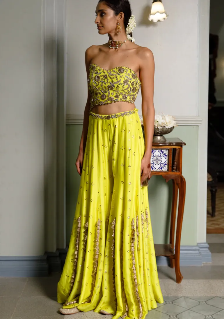 Nissa Lime Yellow Embroidered Choli With Sharara Set