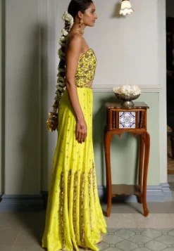 Nissa Lime Yellow Embroidered Choli With Sharara Set