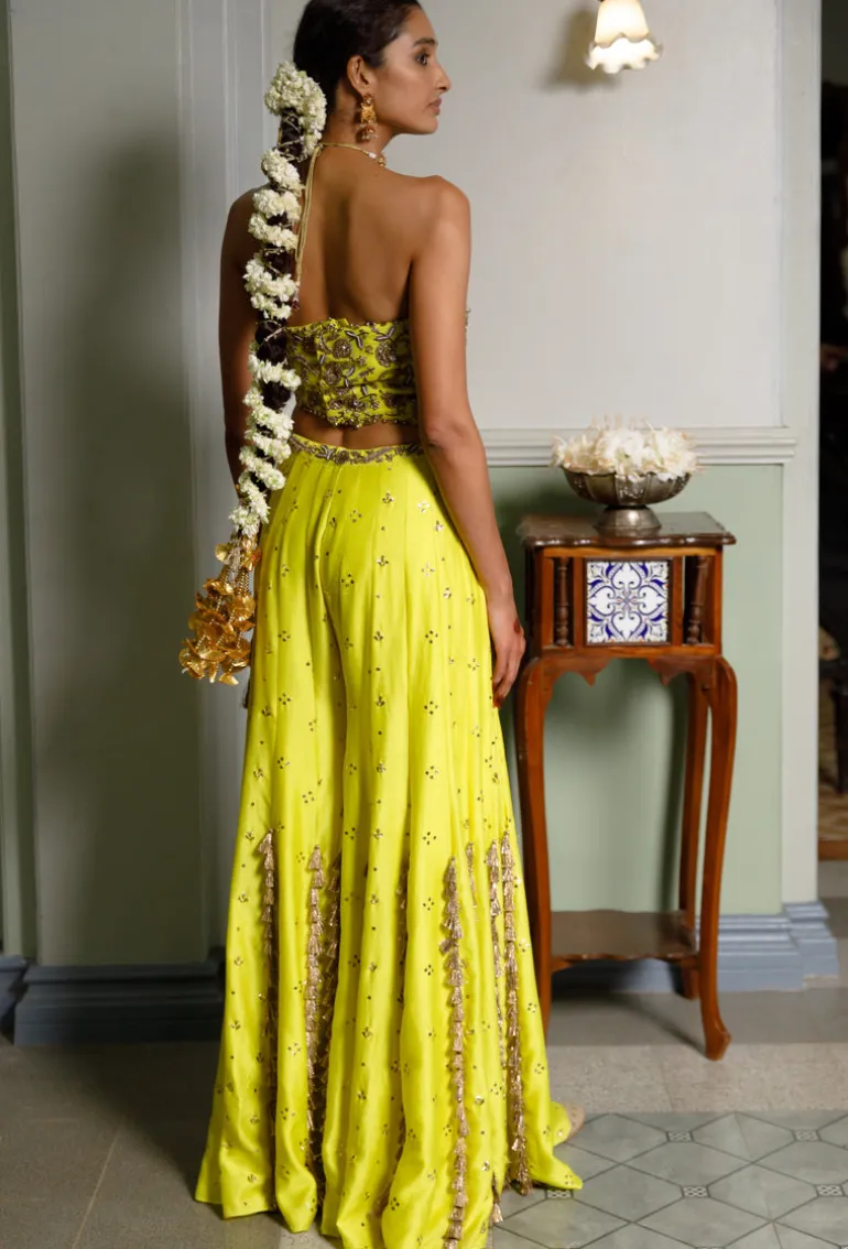 Nissa Lime Yellow Embroidered Choli With Sharara Set