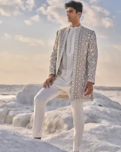 Nude Cream Open Sherwani Set
