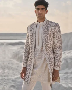 Nude Cream Open Sherwani Set