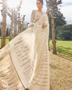 Nude Cream Stripe Sari Set