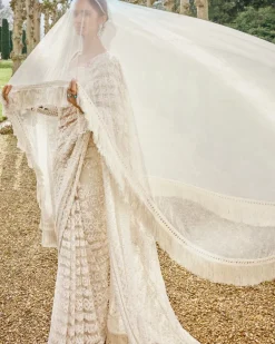 Nude Cream Stripe Sari Set
