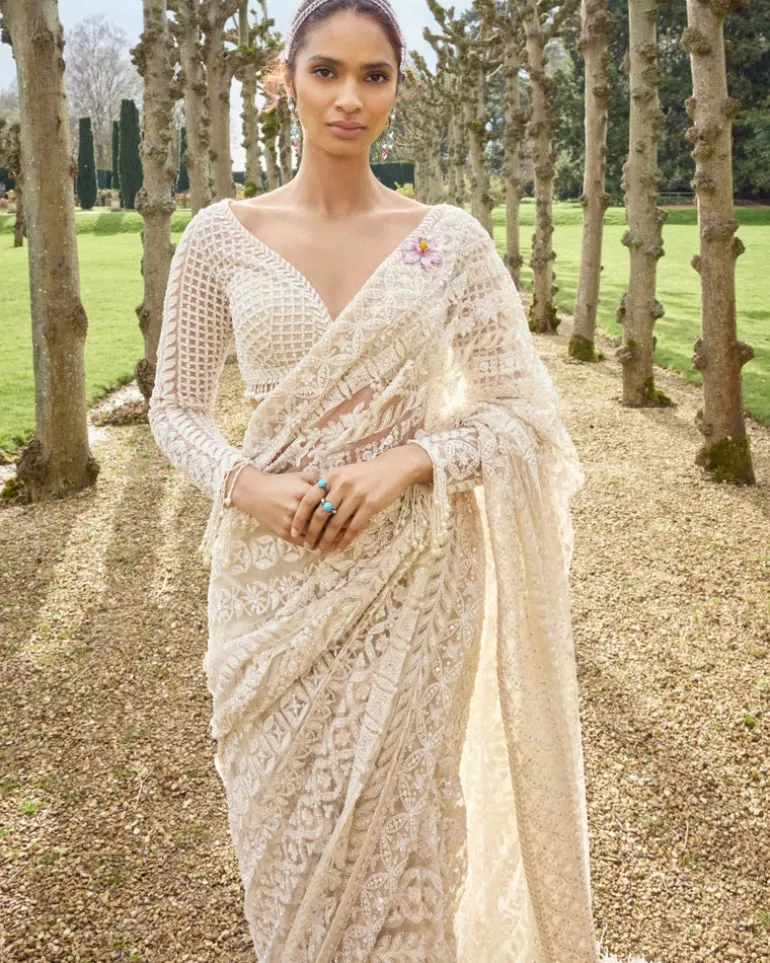 Nude Cream Stripe Sari Set