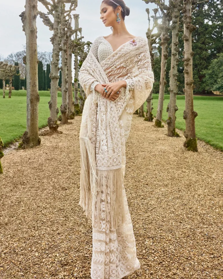 Nude Cream Stripe Sari Set