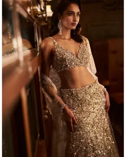 Nude Fit and Flare Crystal Skirt Set