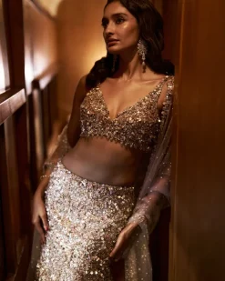 Nude Fit and Flare Crystal Skirt Set