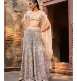 Nude Peach Raw Silk High Waist Sharara And Cape Set