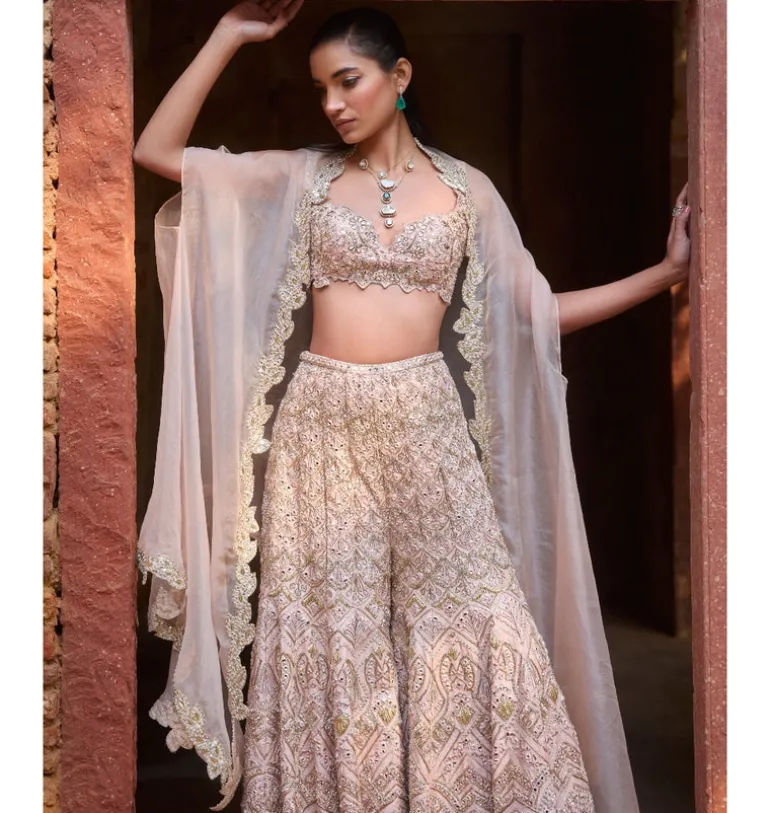 Nude Peach Raw Silk High Waist Sharara And Cape Set