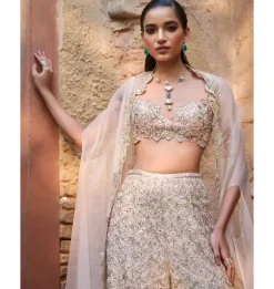 Nude Peach Raw Silk High Waist Sharara And Cape Set