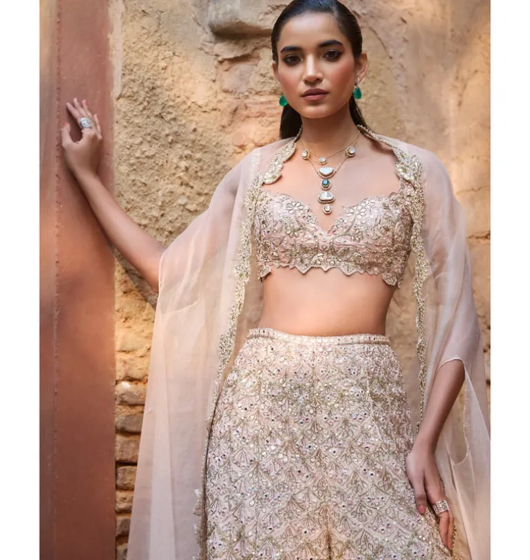 Nude Peach Raw Silk High Waist Sharara And Cape Set