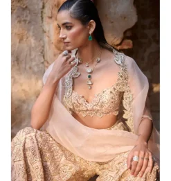 Nude Peach Raw Silk High Waist Sharara And Cape Set