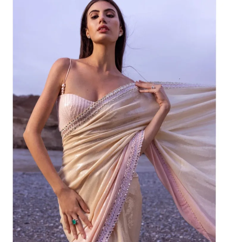Nude Pink Paani Sequins Ombre Sari Set
