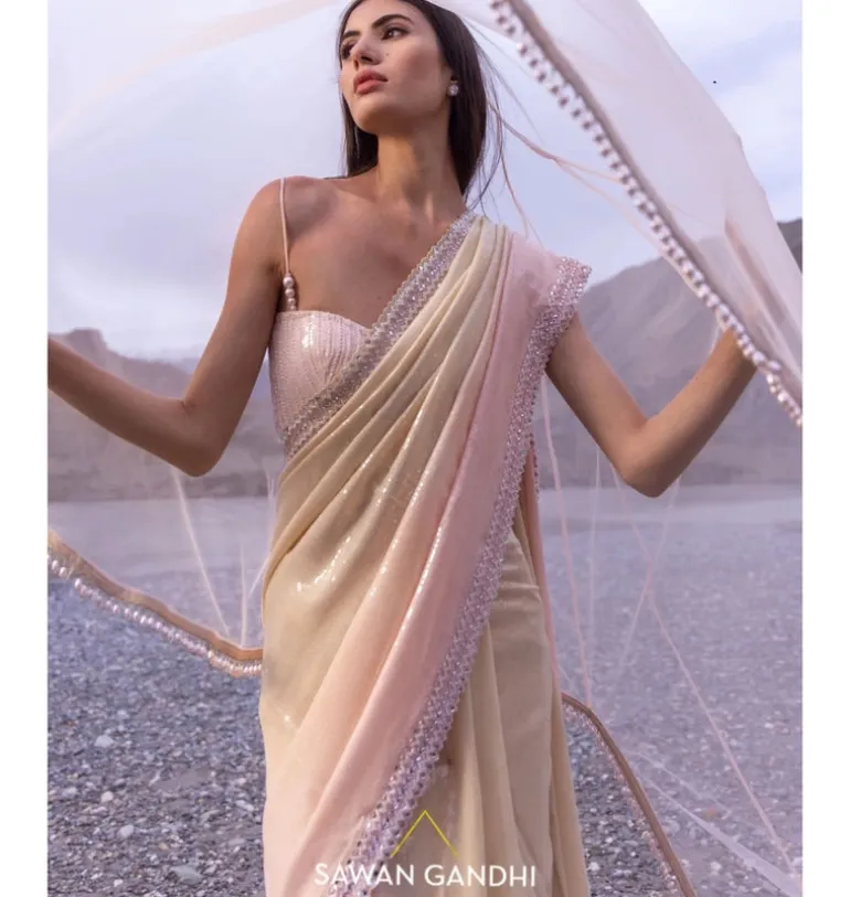 Nude Pink Paani Sequins Ombre Sari Set