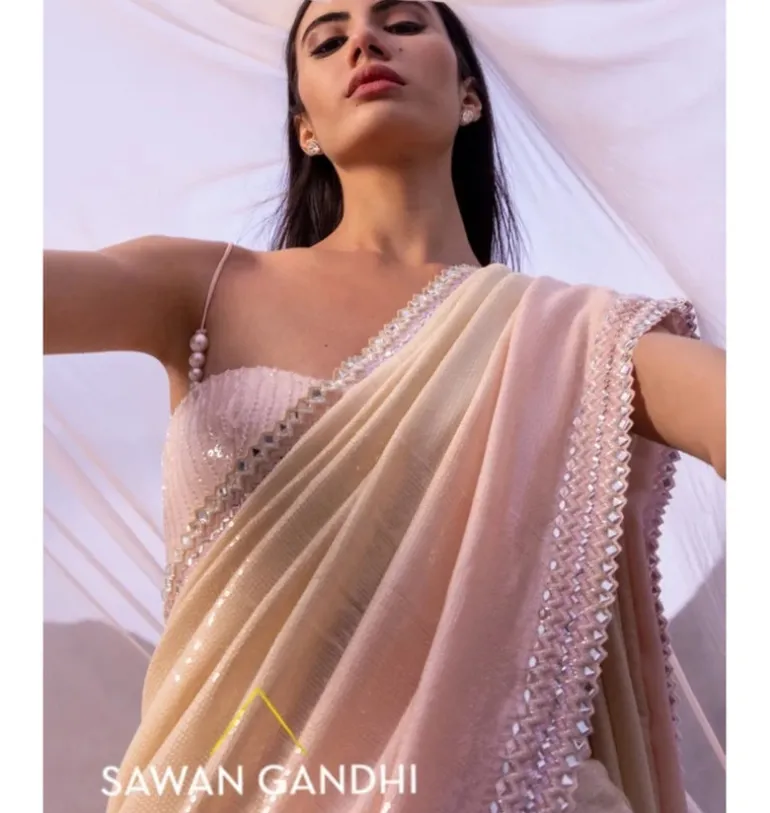Nude Pink Paani Sequins Ombre Sari Set