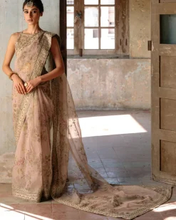 Nude Printed Organza Sari set