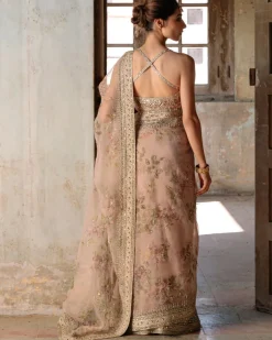 Nude Printed Organza Sari set