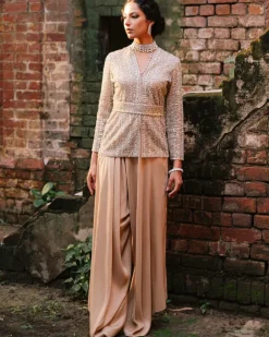 Nude Raw Silk Jacket And Drape Pant Set