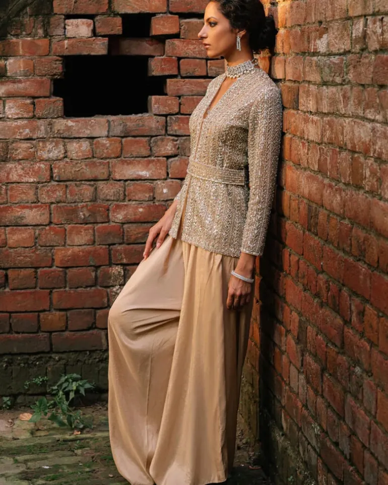 Nude Raw Silk Jacket And Drape Pant Set