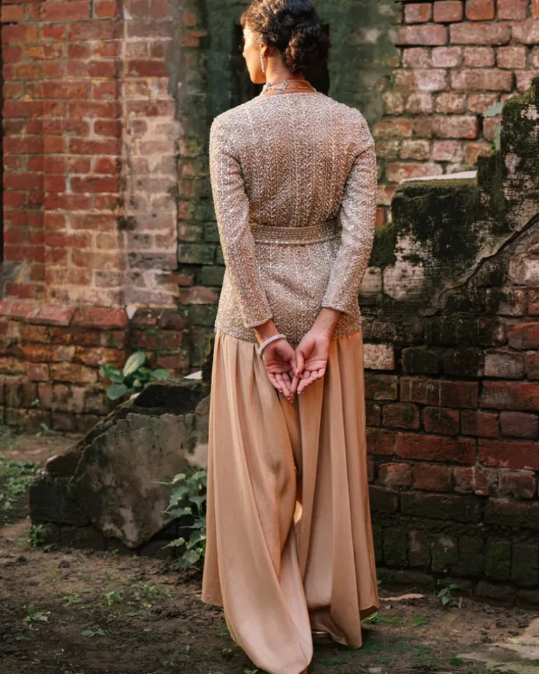 Nude Raw Silk Jacket And Drape Pant Set