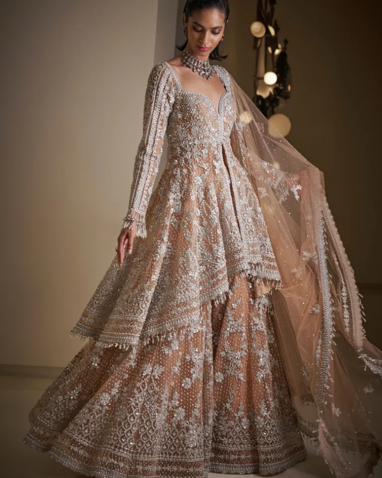 Nude Silver Jacket Sharara Set