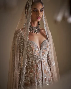 Nude Silver Jacket Sharara Set