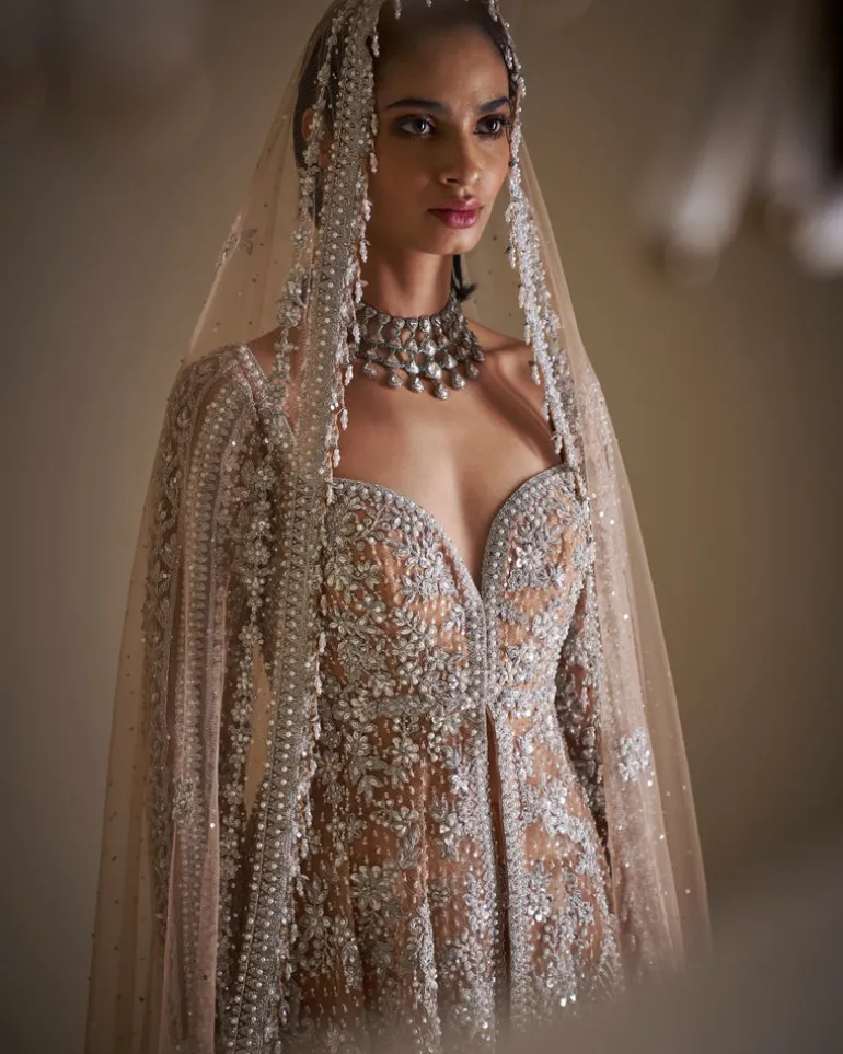 Nude Silver Jacket Sharara Set