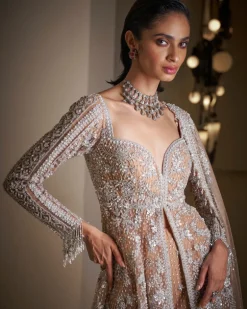 Nude Silver Jacket Sharara Set