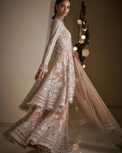 Nude Silver Jacket Sharara Set
