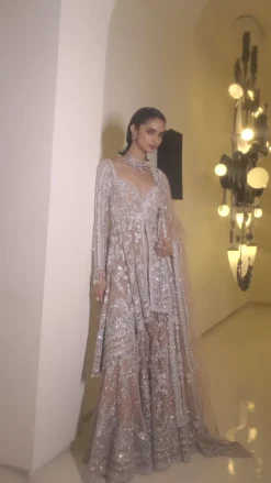 Nude Silver Jacket Sharara Set